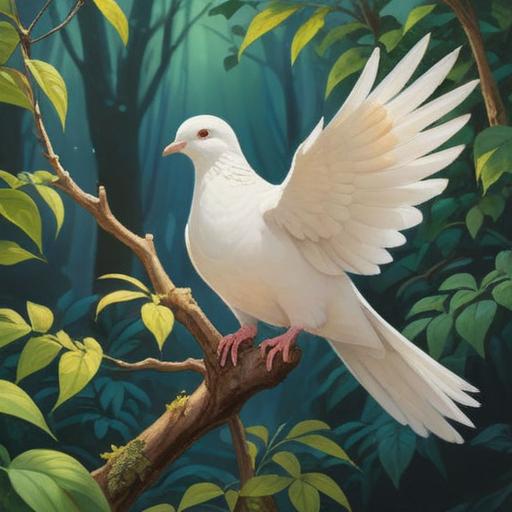 A serene illustration of a white dove perched on a tree branch, surrounded by soft rays of sunlight filtering through the leaves, representing peace and spirituality, gentle ripples in a nearby pond reflecting the tranquil scene, ethereal atmosphere, symbolic of messages from the divine, lush greenery, calming colors, 4k