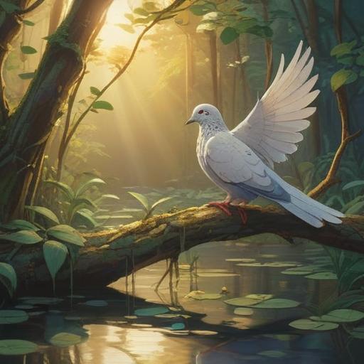 A serene illustration of a dove perched on a branch, soft sunlight filtering through leaves, gentle ripples in a nearby pond reflecting the dove's presence, ethereal light aura surrounding the dove, whimsical feeling of tranquility and hope, nature's harmony, spiritual symbolism, vibrant colors, 4k