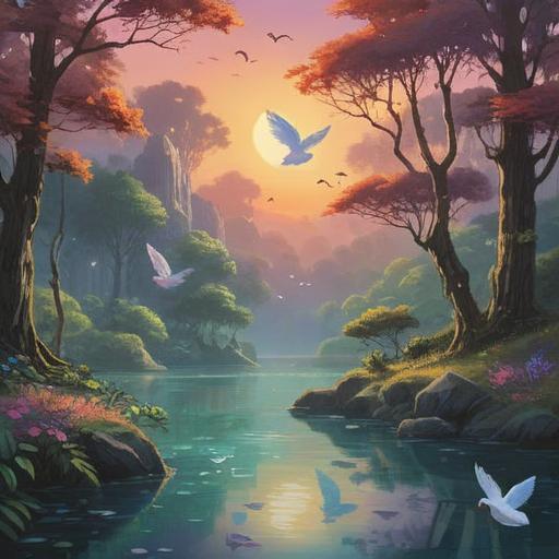 A serene, mystical landscape, gentle doves in flight, soft light filtering through trees, a tranquil water surface reflecting the sky, symbolic importance of dove coos, spiritual awakening themes, lush greenery, ethereal atmosphere, harmonious balance, 4k