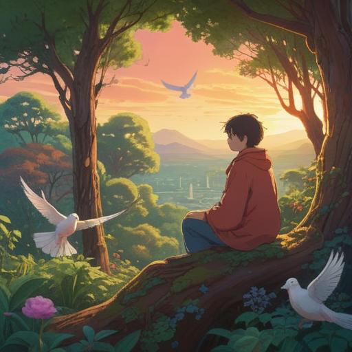 A serene scene of a person experiencing good fortune after hearing the cooing of a dove, bright sunlight filtering through trees, a feeling of joy and positivity, an open park with vibrant flowers and green grass, the person smiling and embracing the moment, gentle breeze rustling leaves, sense of tranquility, 4k