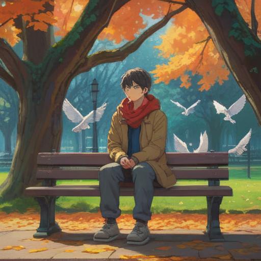 A serene scene of a person sitting on a park bench, calm expression, listening intently to the cooing of doves nearby, surrounded by lush greenery, sunlight filtering through leaves, gentle breeze, sense of tranquility, moment of reflection, capturing the essence of awareness, vivid details in nature, peaceful atmosphere, 4k