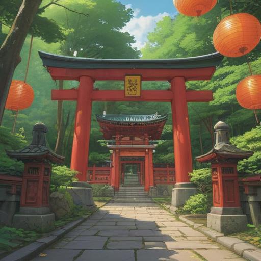 A serene and tranquil scene depicting Hatomori Hachiman Shrine, lush greenery surrounding the shrine, sacred torii gate leading to the shrine, soft light filtering through trees, symbolic elements of spirituality and harmony, traditional Japanese architecture, peaceful atmosphere, visitors engaging in prayer and reflection, rich cultural heritage, 4k