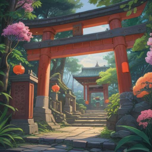 A serene illustration of Hatomori Hachiman Shrine, surrounded by lush greenery and vibrant flowers, spiritual symbols subtly integrated into the architecture, tranquil atmosphere, sunlight filtering through the trees, visitors engaging in rituals, peaceful vibe, natural harmony, 4k