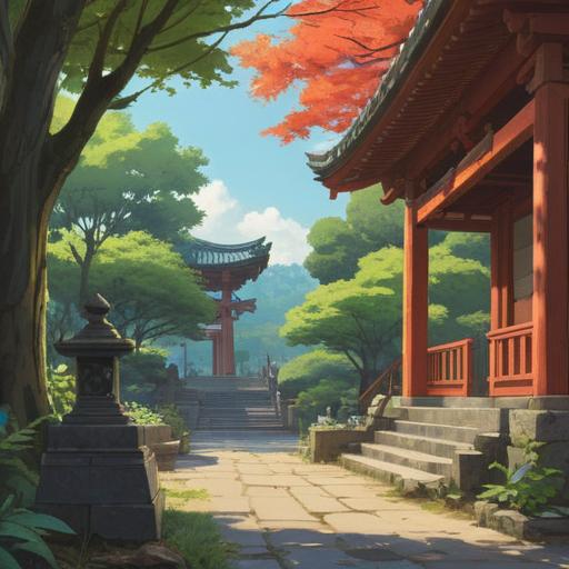 A serene illustration of Hatomori Hachiman Shrine, gentle sunlight filtering through lush trees, visitors observing spiritual signs like fallen feathers and subtle glows, an atmosphere of tranquility and reverence, traditional Japanese architecture, peaceful garden setting, 4k