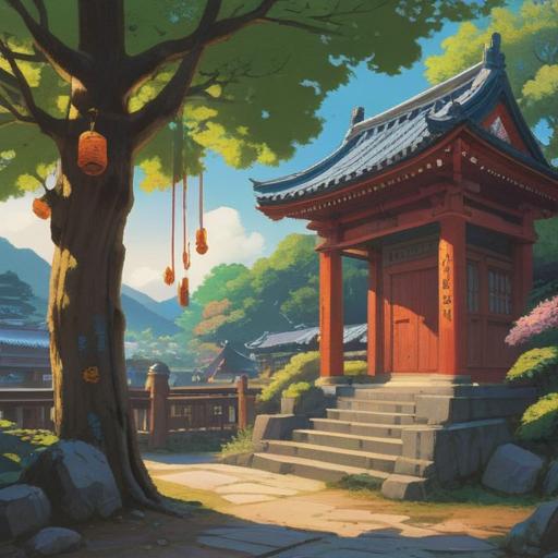 A serene illustration of Hatomori Hachiman Shrine, featuring lucky charms hanging from a tree, vibrant colors symbolizing good fortune, peaceful atmosphere, traditional Japanese architecture in the background, sunlight filtering through leaves, people making wishes at the shrine, harmonious nature, 4k