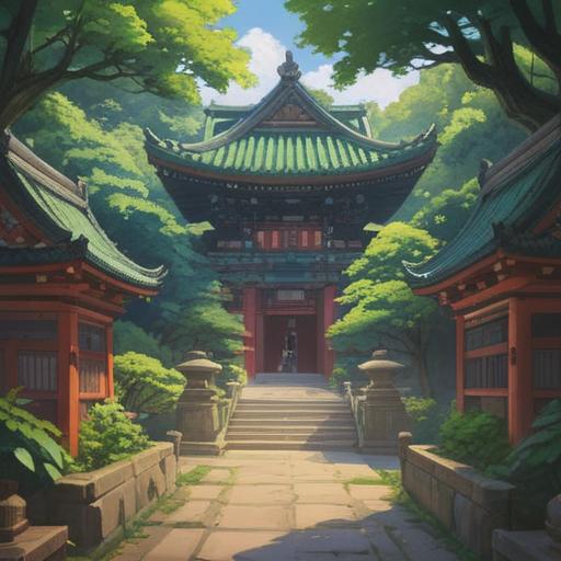 A serene illustration of Hatomori Hachiman Shrine, lush greenery surrounding the sacred site, visitors engaging in traditional rituals, vibrant torii gate, ethereal light filtering through trees, soft focus on prayer offerings, calming atmosphere, symbols of good fortune, harmonious balance, cultural significance, 4k