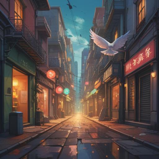 A surreal illustration of a street scene after a pigeon is accidentally hit, ethereal light illuminating the area, a shadow of the pigeon in the foreground, symbolic elements like feathers floating in the air, mysterious clouds gathering overhead, a sense of regret and reflection, small glowing orbs representing spiritual signs, nature reclaiming the space, emotionally charged atmosphere, detailed urban background, visual metaphor for awareness and spiritual guidance.