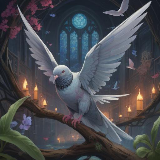 A spiritual representation of a deceased pigeon, symbolizing transformation and rebirth, serene surroundings with soft light, ethereal atmosphere, nature elements intertwined, detailed textures of feathers, gentle wisps of energy emanating, mystical aura, conveying a sense of peace and reflection, 4k