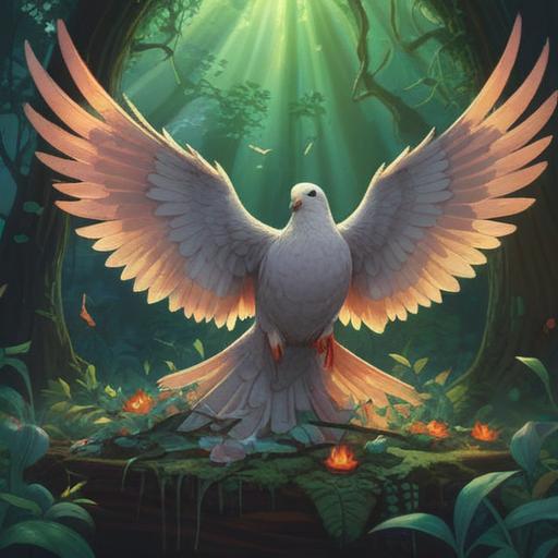 A thought-provoking scene depicting a dove's corpse surrounded by ethereal light, symbolizing spiritual transformation, lush greenery in the background, soft glowing orbs floating above, serene atmosphere, sense of renewal and hope, intricate details capturing the contrast between life and death, 4k
