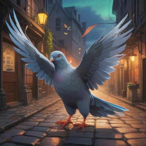 A surreal illustration of a lifeless pigeon on a cobblestone street, surrounded by softly glowing ethereal lights, symbolic elements like feathers and mystical runes nearby, a warning presence in the atmosphere, tranquil yet eerie vibe, detailed urban background, thought-provoking imagery, 4k