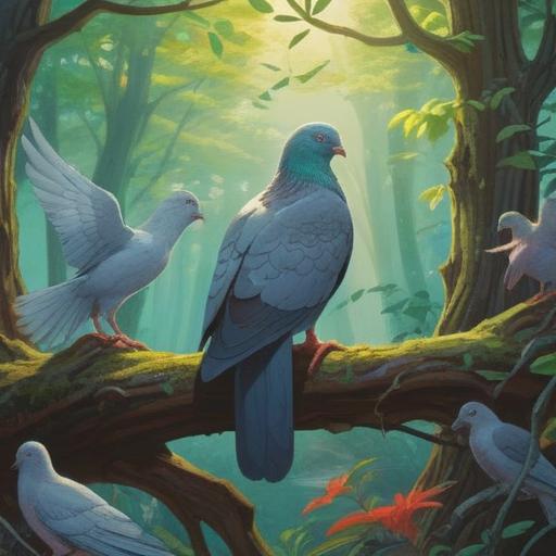 A serene scene depicting a person observing a deceased pigeon, gentle sunlight filtering through the trees, a sense of reflection and transformation, vibrant flowers blooming around, the presence of hope and renewal, emotional expression on the person's face, calming atmosphere, detailed nature elements, 4k