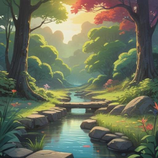 A serene landscape depicting a personal journey towards inner peace, gentle sunlight filtering through lush trees, a tranquil river flowing gently, stepping stones leading through a lush garden, colorful flowers symbolizing hope and growth, a person meditating peacefully on a riverbank, soft pastel tones, harmonious and calming composition, 4k
