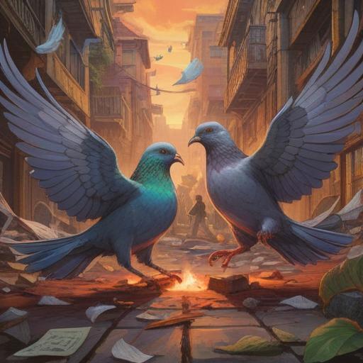 A vibrant illustration of two pigeons engaged in a fierce yet captivating fight, depicting the struggle for dominance, symbolic representation of spiritual conflict, a backdrop of a serene urban park, scattered leaves and trees adding depth, an ethereal glow surrounding the pigeons, showcasing their feathers in intricate detail, conveying a sense of hidden spiritual meaning, 4k