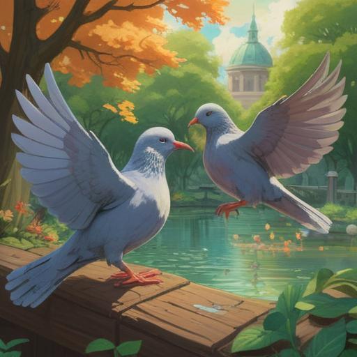 A serene scene depicting two pigeons engaging in a gentle squabble, vibrant city park background, lush green trees, peaceful atmosphere, soft sunlight filtering through branches, symbolic representation of spiritual signs, harmonious colors, detailed feathers, clear blue sky, conveying a sense of connection and balance, 4k