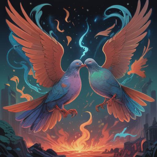 A vivid illustration of two pigeons in a fierce squabble, surrounded by ethereal symbols of spiritual signs, dynamic movement, vibrant colors, contrasting emotions, an aura of mystical energy, a serene park setting in the background, capturing the essence of conflict and peace, 4k