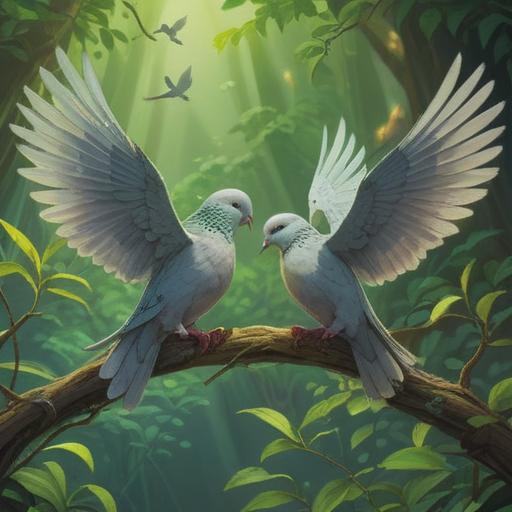 A serene scene depicting doves calming down after a minor conflict, two doves perched together on a branch, surrounded by a lush green environment, hints of sunlight breaking through the leaves, the number seven subtly integrated into the background, symbolizing luck, peaceful atmosphere, vibrant colors, 4k