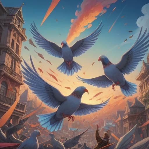 A symbolic illustration of pigeons fighting, vibrant feathers, dynamic motion, blue sky backdrop, subtle hints of unity, direction arrows guiding forward, contrast of conflict and cooperation, uplifting atmosphere, metaphorical elements, 4k