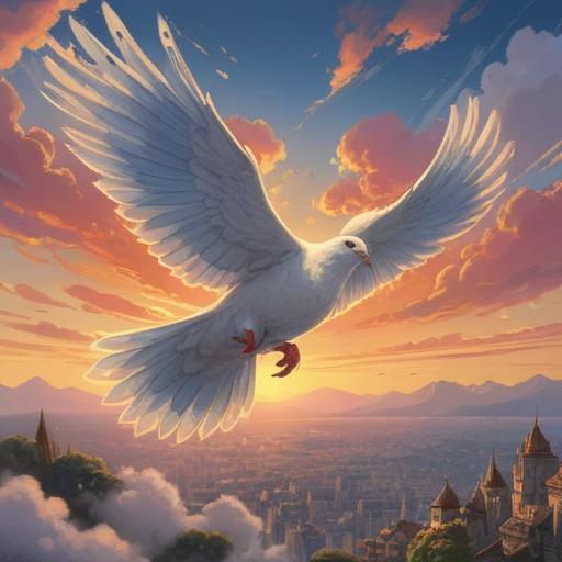 A serene scene depicting a dove soaring gracefully through the sky, symbolizing peace and spiritual awakening, soft beams of sunlight filtering through fluffy clouds, vibrant colors of blue and white, a tranquil landscape below, conveying feelings of hope and new beginnings, ethereal atmosphere, detailed feather texture, harmonious natural setting, 4k
