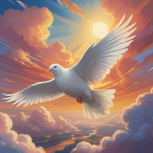 A serene scene depicting a white dove gracefully soaring through the sky, sunlight filtering through the clouds, symbols of peace and hope, backgrounds of lush greenery, soft flowing river in the distance, gentle breeze represented by swaying trees, harmonious nature elements, tranquil atmosphere, 4k