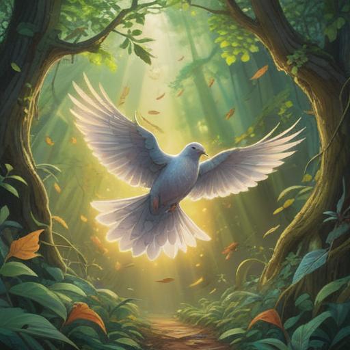 A serene scene of a dove flying gracefully towards a person, symbolizing spiritual signs, gentle sunlight filtering through the leaves, soft breeze, vibrant colors, peaceful atmosphere, the person looking up with a sense of wonder, nature surrounding them, a hint of divine light, detailed textures, 4k