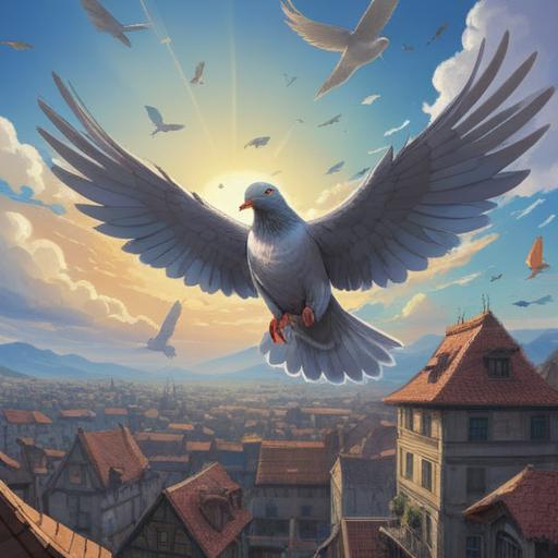 A serene scene of a pigeon gracefully soaring through a clear blue sky, radiant sunlight illuminating its feathers, a small lucky charm dangling from its beak, vibrant green trees in the background, a gentle breeze rustling the leaves, peaceful atmosphere, symbol of good fortune, 4k