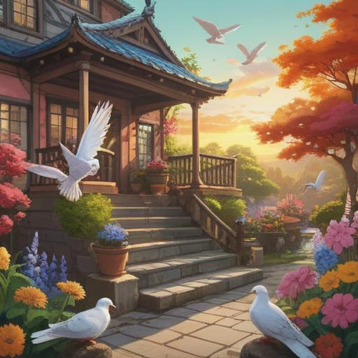 A serene garden scene, doves gently perched among vibrant flowers, soft sunlight illuminating the space, a feeling of tranquility and peace, symbolizing spiritual messages and connection, lush greenery in the background, calm atmosphere, inviting serenity, 4k
