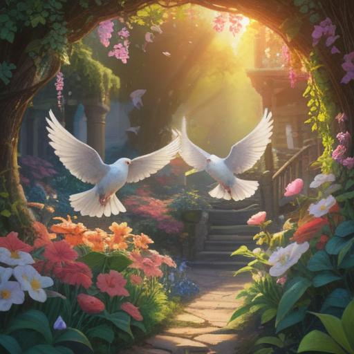 A serene garden scene, doves gracefully descending, symbolizing spiritual blessings, vibrant flowers in bloom, soft sunlight filtering through leaves, peaceful ambiance, gentle breeze, clear blue sky, harmonious nature, 4k