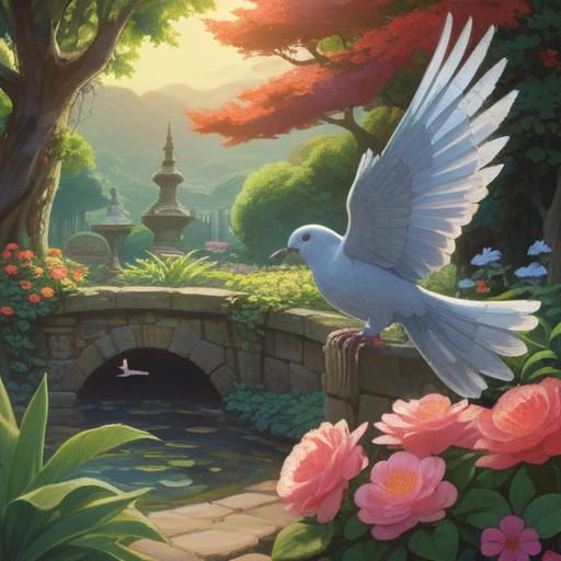 A serene garden setting, a peaceful dove perched on a tranquil stone ledge, vibrant flowers in full bloom, gentle sunlight filtering through leafy branches, harmonious atmosphere, symbolism of peace and messages from the spirit realm, soft wind rustling leaves, inviting surroundings, 4k