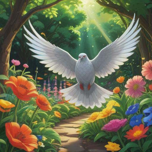 A serene garden scene, a dove gracefully landing on a vibrant flower bed, sunlight filtering through lush green leaves, colorful flowers blooming, a sense of tranquility and peace, a small sparkling object glimmering nearby, symbolizing good fortune, gentle breeze rustling through the trees, vibrant colors, soft focus on the dove, inviting atmosphere, 4k