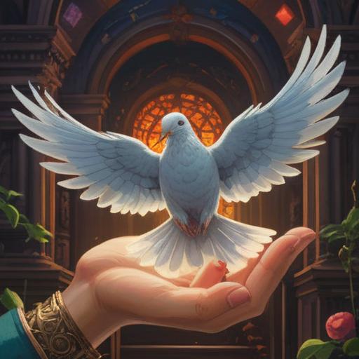 A serene scene featuring a dove perched gracefully on an open hand, surrounded by glowing light, symbolic representations of luck such as four-leaf clovers and sparkling stars in the background, a feeling of hope and tranquility, gentle pastel colors, soft focus, dreamlike atmosphere, harmonious composition