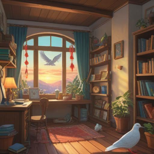 A serene and spiritual scene depicting a dove building a nest in a cozy home, symbolizing peace and harmony, gentle sunlight streaming through the window, the tranquil atmosphere filled with soft colors and ethereal light, the nest made of twigs and soft materials, intricate details highlighting the connection between nature and the home, peaceful expression on the dove, 4k