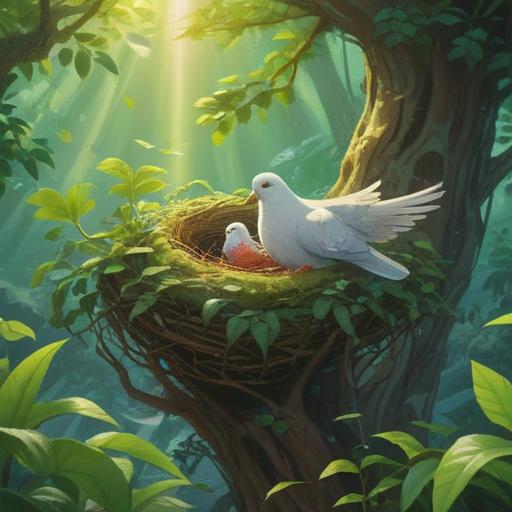 A serene scene depicting a dove building a nest, surrounded by lush greenery, soft rays of sunlight filtering through leaves, symbols of peace and spiritual growth, harmonious environment, gentle interactions between nature and the dove, vibrant colors, sense of tranquility and hope, detailed texture of twigs and feathers, 4k