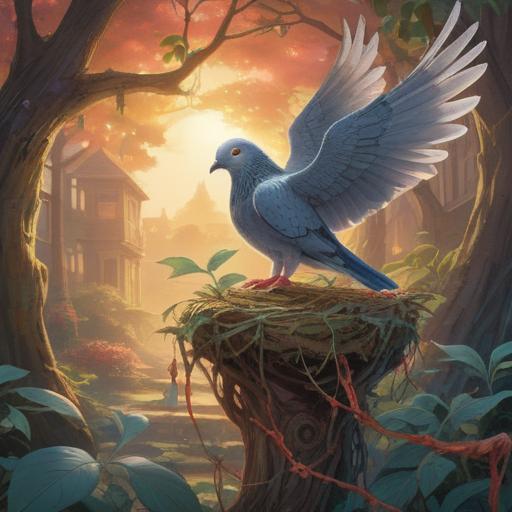 A spiritual illustration showing a pigeon building a nest, surrounded by ethereal signs and symbols, soft sunlight filtering through trees, serene atmosphere, harmony with nature, details of the nest being constructed, gentle expressions, 4k