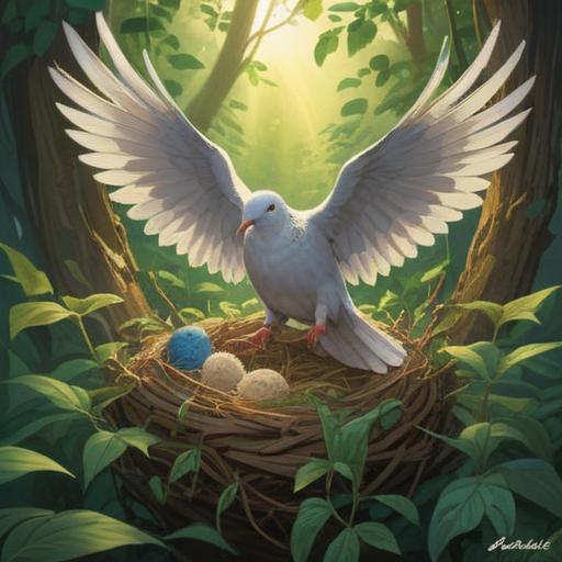 A serene and tranquil scene of a dove building a nest, surrounded by gentle greenery, sunlight filtering through leaves, soft feathers scattered around, symbolic presence of peace and spirituality, delicate twigs and leaves being crafted into a nest, harmonious atmosphere, 4k