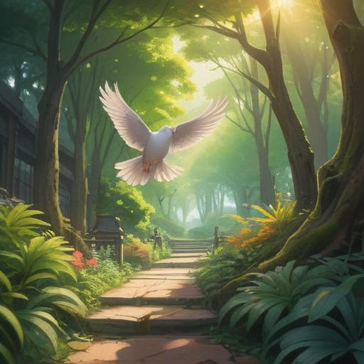 A serene urban park scene, a dove approaching gently, symbolizing peace and spiritual awakening, soft sunlight filtering through trees, vibrant greenery surrounding a calm pond, a sense of tranquility and connection to nature, gentle breeze rustling leaves, harmonious atmosphere, inviting composition, 4k