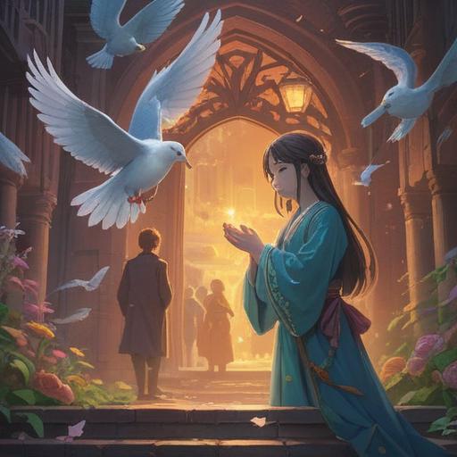 A spiritual moment depicting a dove approaching, serene ambiance, soft light illuminating the scene, gentle expressions on people's faces, symbols of peace and hope, nature background with lush greenery, ethereal atmosphere, meaningful connection, 4k