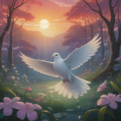 A serene scene depicting a dove approaching, soft ethereal light surrounding it, subtle glimmers representing spiritual signs, tranquil setting with gentle nature elements, heartfelt connection between the observer and the dove, mystical ambiance, rich symbolism, soothing colors, 4k