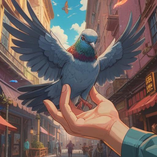 A close-up of a charming pigeon approaching a person's outstretched hand, magical aura surrounding the pigeon, shimmering lucky charm gleaming in sunlight, serene urban park background, soft focus on the surrounding nature, warm and inviting atmosphere, symbolism of good fortune, 4k