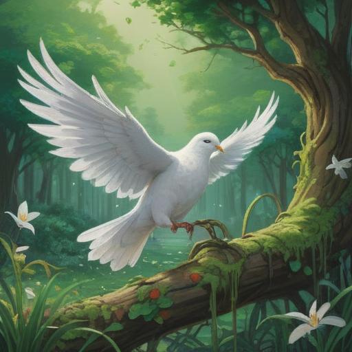 A serene scene depicting a white dove in flight, carrying a shimmering scroll in its beak, lush green landscape in the background, soft sunlight filtering through leaves, a feeling of hope and tranquility, vibrant flowers surrounding, symbolizing fortune and good luck, 4k