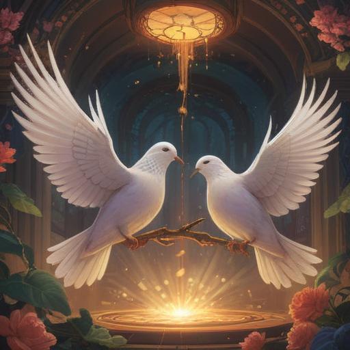 A serene illustration of two doves, symbolizing peace and love, surrounded by an ethereal glow, gentle light rays illuminating their feathers, harmonious nature setting, soft greenery and flowers in the background, representing spiritual connection and unity, serene atmosphere, 4k