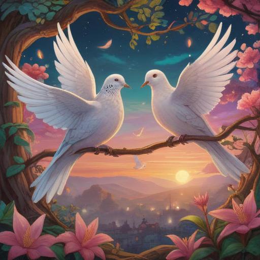 A serene illustration depicting two doves perched closely together, symbolizing peace and harmony, soft glowing light surrounding them, a tranquil garden setting with blooming flowers, gentle breeze rustling the leaves, ethereal ambiance, representing a spiritual message of good fortune, nature-inspired elements, 4k