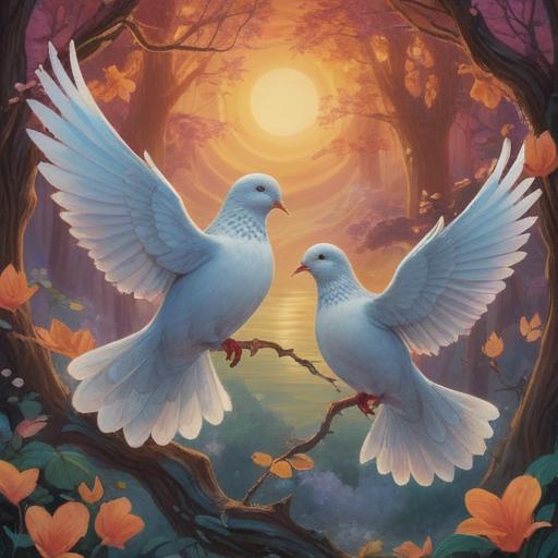 Two doves appearing together, symbolic meaning of spiritual signs, representation of peace and harmony, ethereal lighting, serene natural setting, subtle mystical elements, reflection on self-awareness and guidance, gentle interaction between the doves, vibrant colors, calming atmosphere, 4k