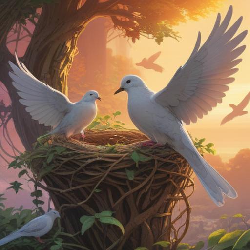 A serene illustration of a dove building a nest, symbolizing spiritual growth and connection, natural elements surrounding the scene, soft sunlight filtering through the leaves, delicate feathers and twigs in harmony, tranquil atmosphere, vibrant colors conveying peace and unity, 4k