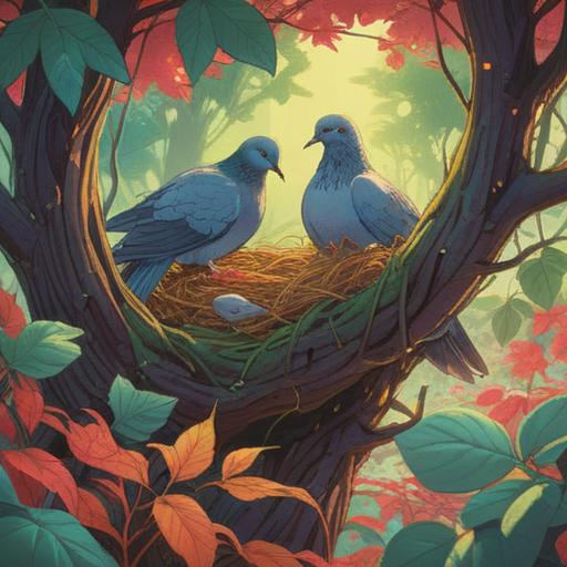 A serene scene depicting a pigeon nest, soft morning light filtering through the leaves, symbols of peace and spirituality, intricate details of the nest and eggs, gentle expressions of surrounding wildlife, harmonious atmosphere, nature's tranquility, uplifting signs, 4k