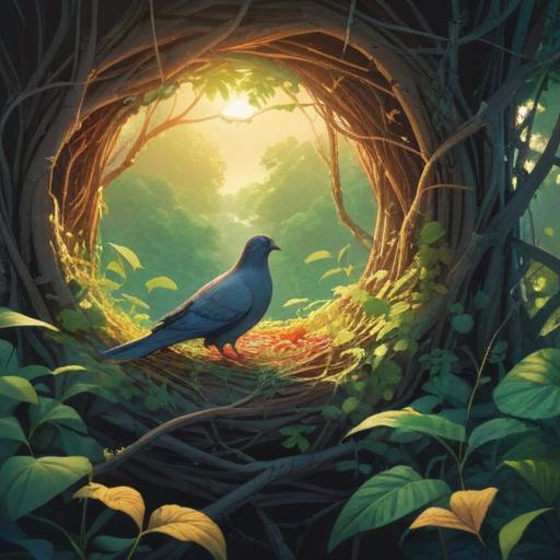A serene nature scene, a pigeon nest intricately woven with twigs and leaves, vibrant greenery surrounding the nest, gentle sunlight filtering through the branches, symbolic spiritual energy radiating, peaceful atmosphere, subtle signs of intuition and guidance, 4k