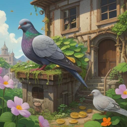 A serene scene of a pigeon building a nest, surrounded by various lucky items like four-leaf clovers, lucky coins, and small charms, soft sunlight filtering through leafy branches, a peaceful garden setting, gentle colors, detailed textures, tranquil atmosphere, wildlife in harmony, 4k