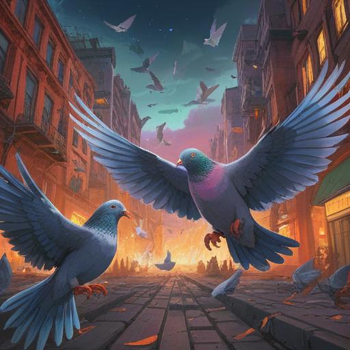 A spiritual representation of pigeons fighting, symbolic conflict, vibrant energy, contrasting colors, feathers in motion, mystical aura, urban setting, deep emotional undertones, intertwined fates, 4k
