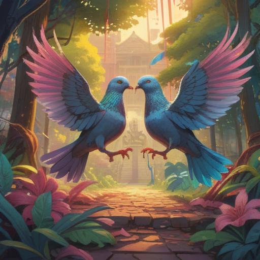 A vibrant illustration of two pigeons fighting, dynamic poses, symbolic representation of spiritual signs, colorful feathers, urban park setting, people observing in the background, serene atmosphere, nature and spirituality elements, soft lighting, 4k