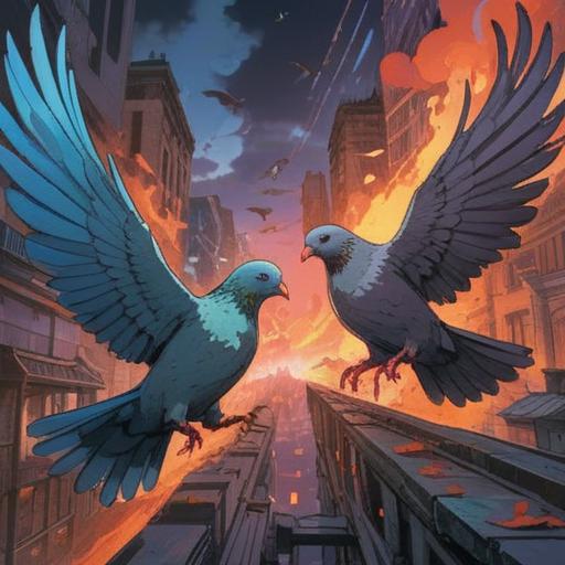 A tense moment between two pigeons fighting, vibrant colors, a symbolic representation of conflict and resolution, subtle signs of spiritual guidance in the surroundings, an urban environment with scattered feathers, onlookers showing concern, an underlying message of harmony and balance, 4k