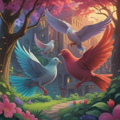 A scene depicting a vibrant, whimsical atmosphere, a pair of colorful pigeons engaged in a lively squabble, surrounded by a lush urban park, a bright blue sky overhead, a nearby bench with a small, sparkling lucky charm placed on it, warm sunlight filtering through the trees, playful expressions on the pigeons' faces, detailed city background, hopeful undertones, 4k